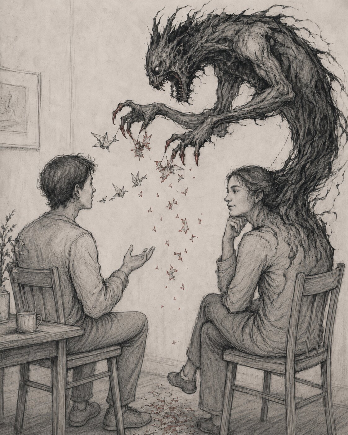 A pencil drawing: two people sit facing each other in conversation; behind the listener, a clawed beast rises from her shadow while paper stars drift between them