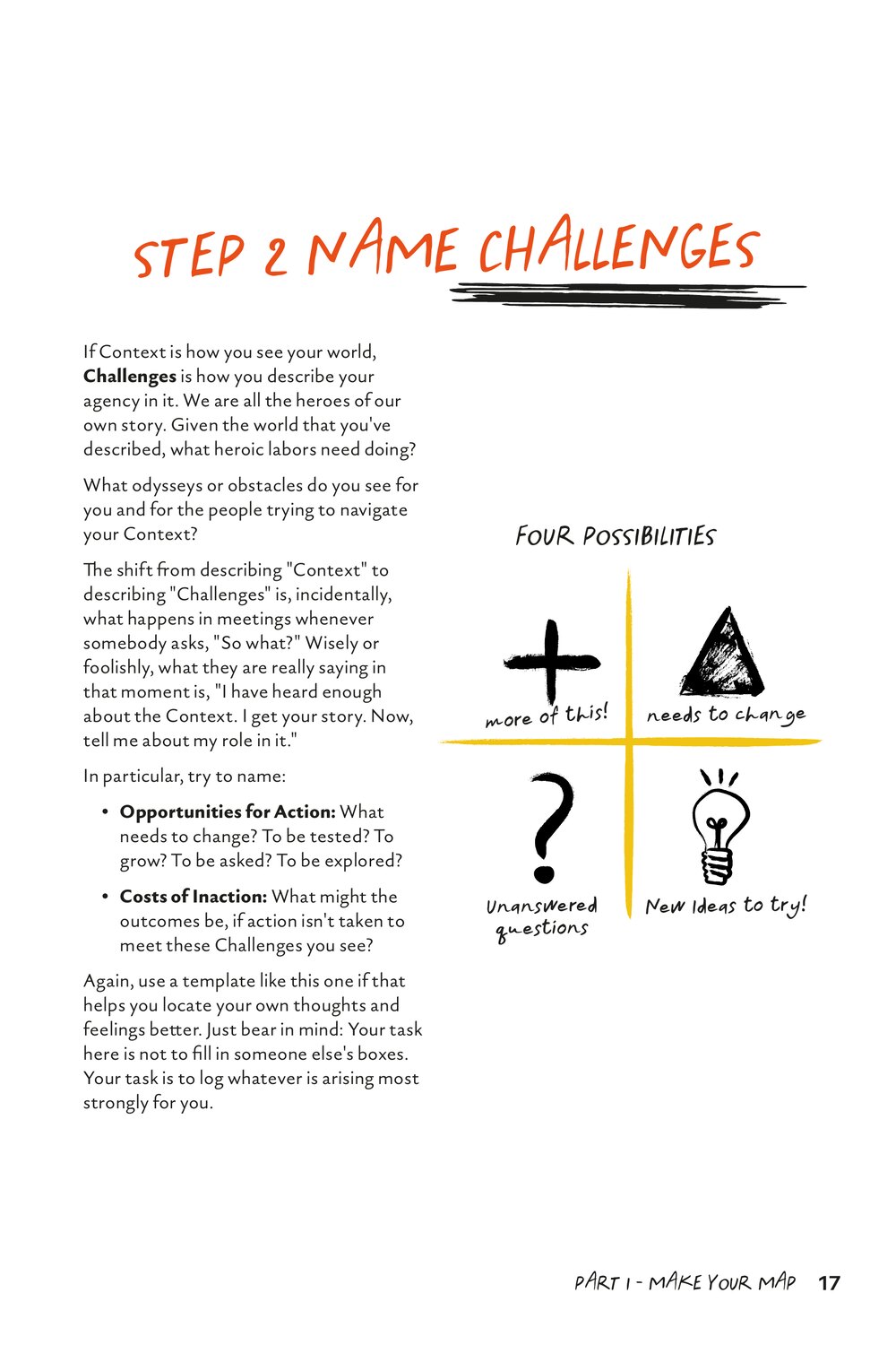 Page 17 of How to Basecamp, Step 2: Name challenges, with the four-possibilities grid